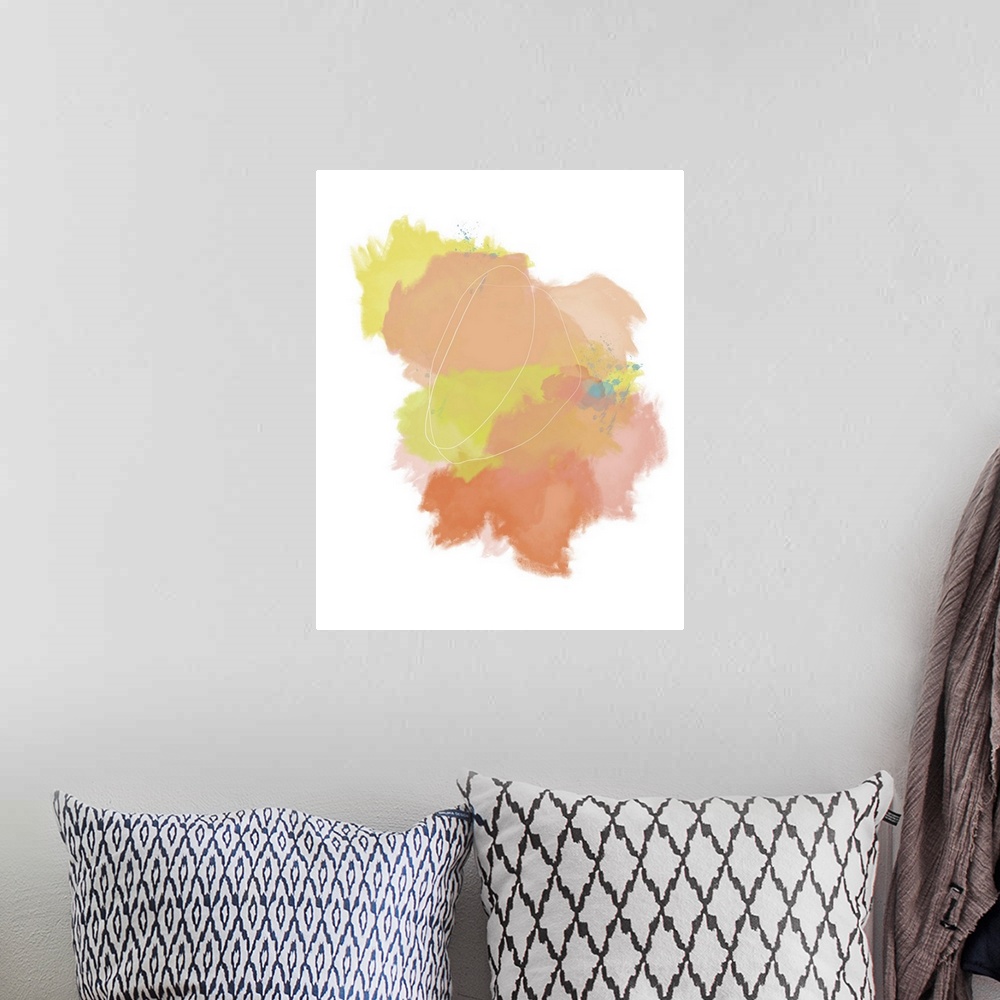 A bohemian room featuring Abstract artwork of a coral and yellow colored organic form on white.