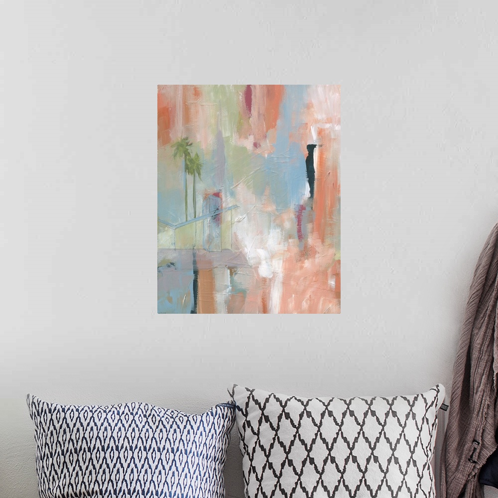 A bohemian room featuring Contemporary abstract painting in shades of orange and blue, with subtle palm tree shapes.