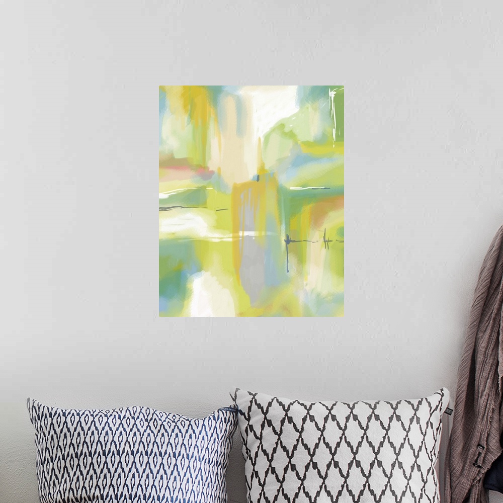 A bohemian room featuring A contemporary abstract with dripping yellow hues and shades of green and blue throughout.