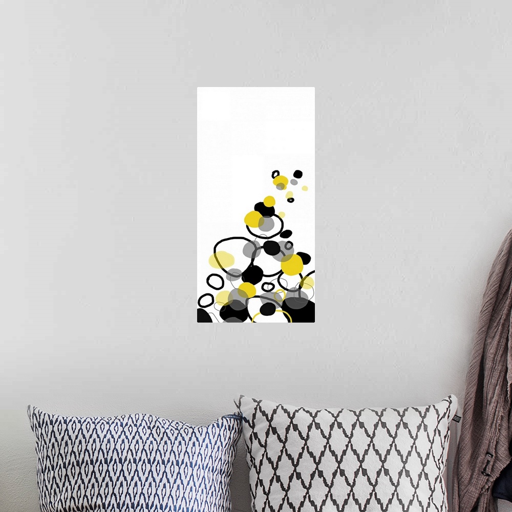 A bohemian room featuring This poster is a pop art print inspired by the shapes of falling rocks. This image would be a wel...