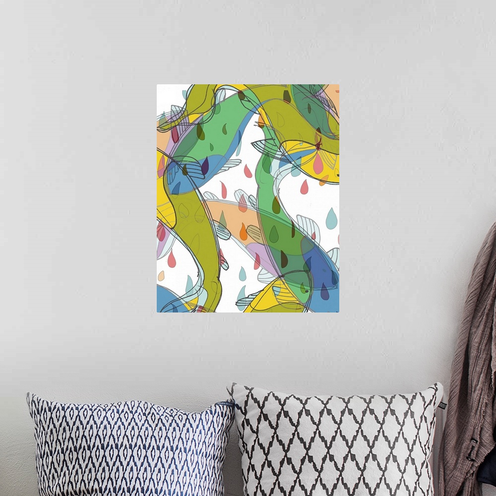 A bohemian room featuring Vertical digital artwork for a living room or office of layered, vibrant koi fish on a white back...