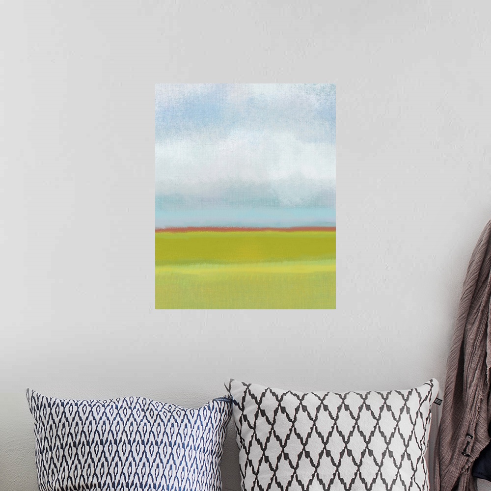 A bohemian room featuring Contemporary abstract artwork resembling a simple landscape with clouds overhead.
