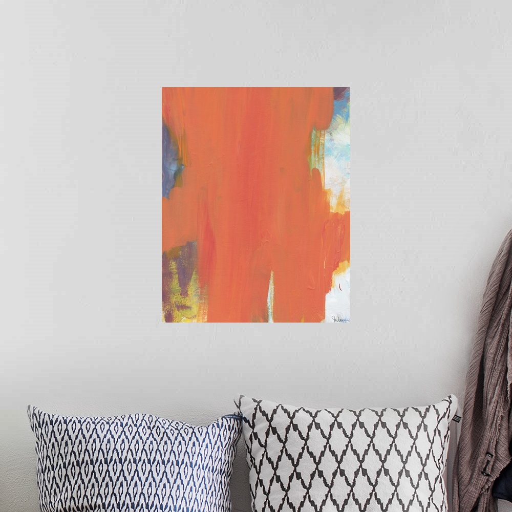 A bohemian room featuring Contemporary abstract art using soft colors in downward strokes to make a color field.