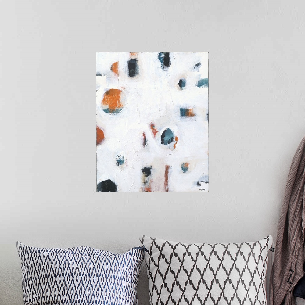 A bohemian room featuring Contemporary abstract painting featuring orange and navy shapes hiding behind stretches of white.