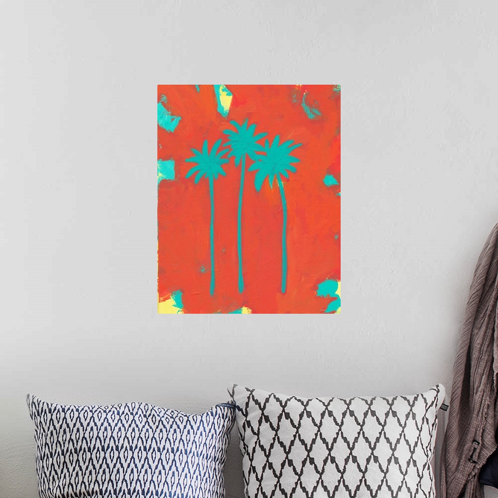 A bohemian room featuring Tropical contemporary painting of three turquoise palm trees on a bright red background.