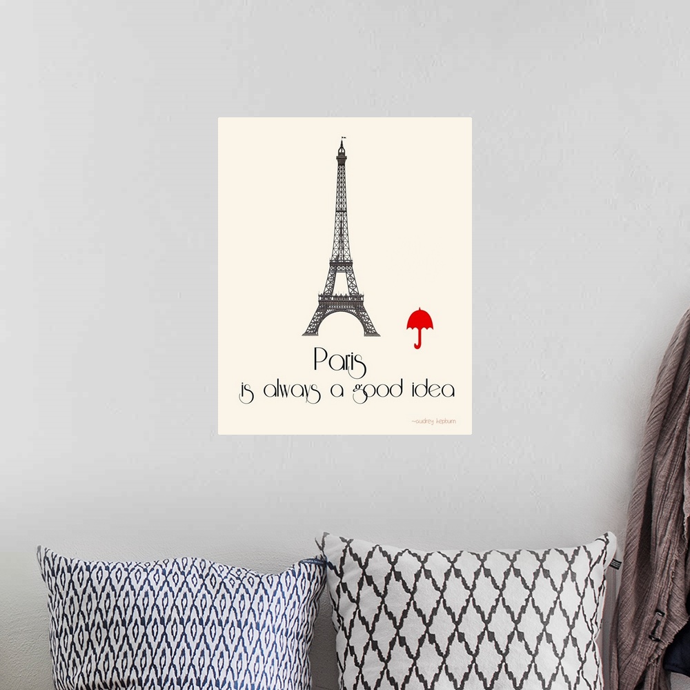 A bohemian room featuring Contemporary minimalist artwork of the Eiffel Tower with a bright red umbrella image next to it.