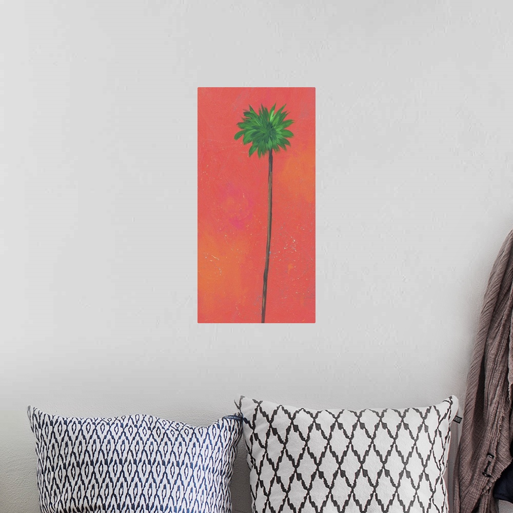 A bohemian room featuring Contemporary artwork of a tall palm tree with a thin trunk against a red background.