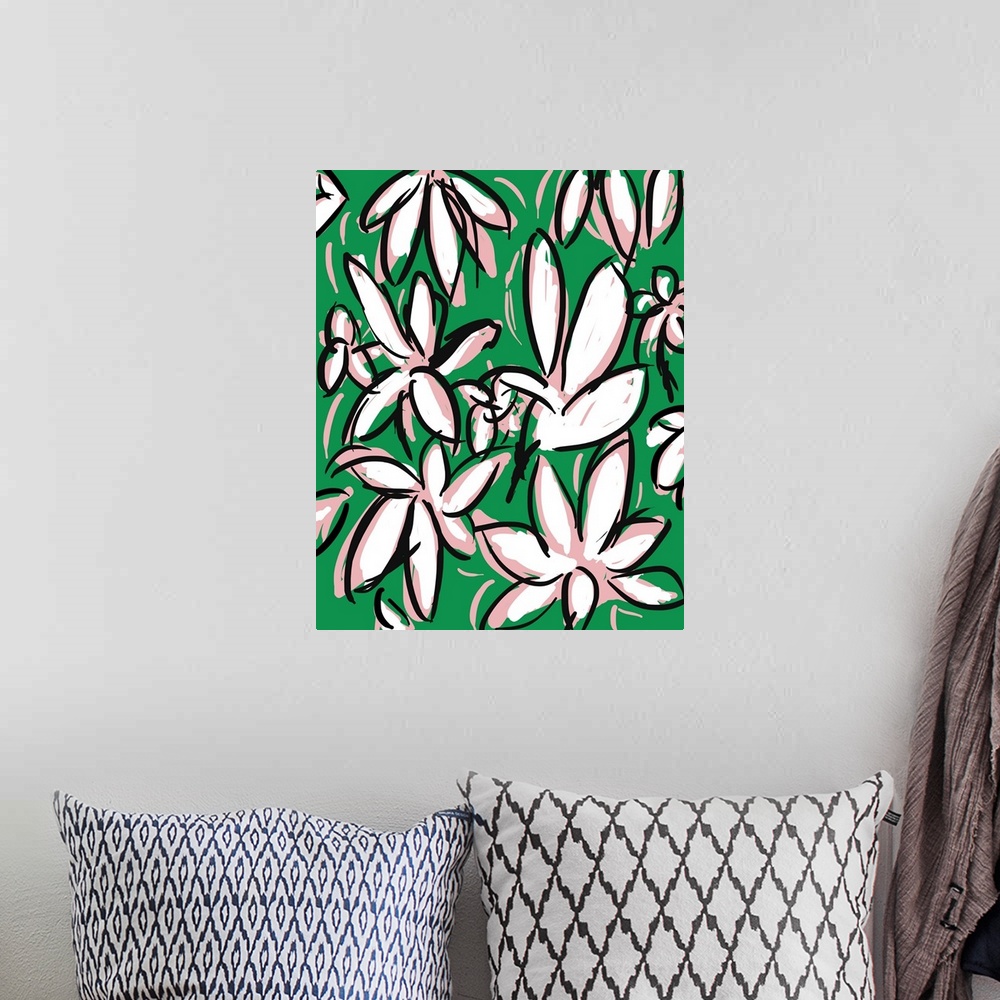 A bohemian room featuring Gestural floral painting of pink and white flowers with dark outlines on green.