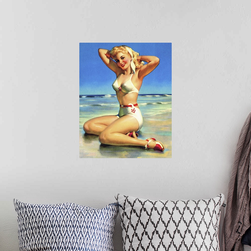 A bohemian room featuring Vintage 50's illustration of a young woman modeling a two-piece swimsuit on the beach.