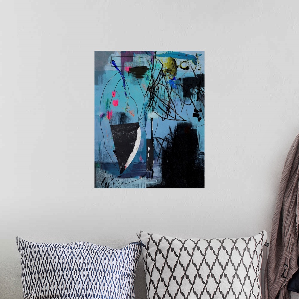A bohemian room featuring A dark toned contemporary abstract painting with heavy charcoal scribble accents over shades of blue