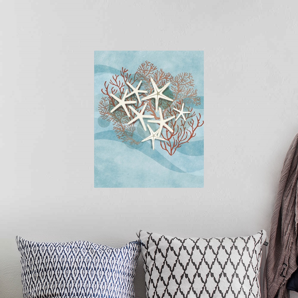 A bohemian room featuring Illustration of several white starfish with red coral on a wavy blue background.