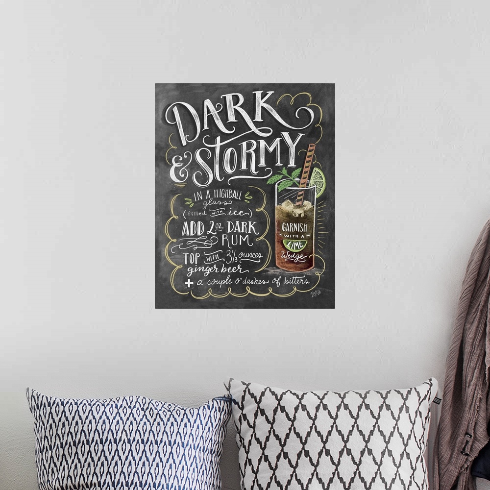 A bohemian room featuring Handlettered recipe for a Dark and Stormy cocktail with the appearance of a chalkboard drawing.