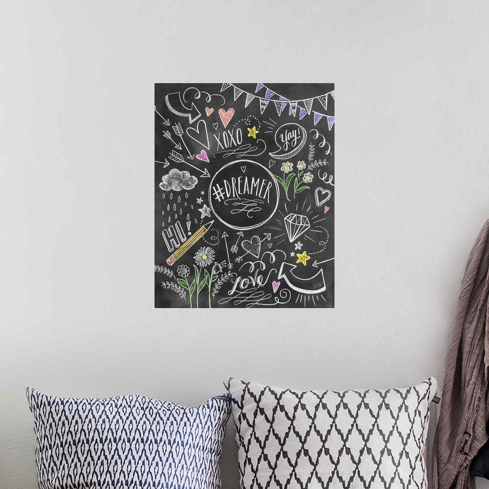 A bohemian room featuring "Dreamer" handwritten and surrounded by hearts, arrows, flowers, and other cute elements.