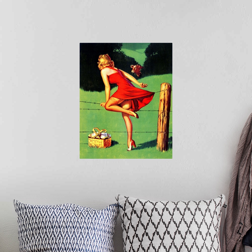 A bohemian room featuring Vintage 50's illustration of a young woman climbing over a fence.