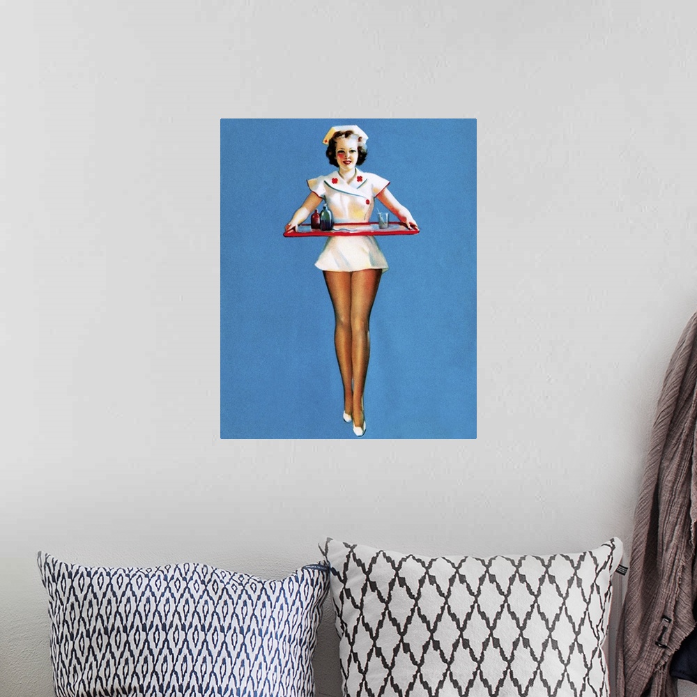 A bohemian room featuring Vintage 50's illustration of a young nurse holding a tray.