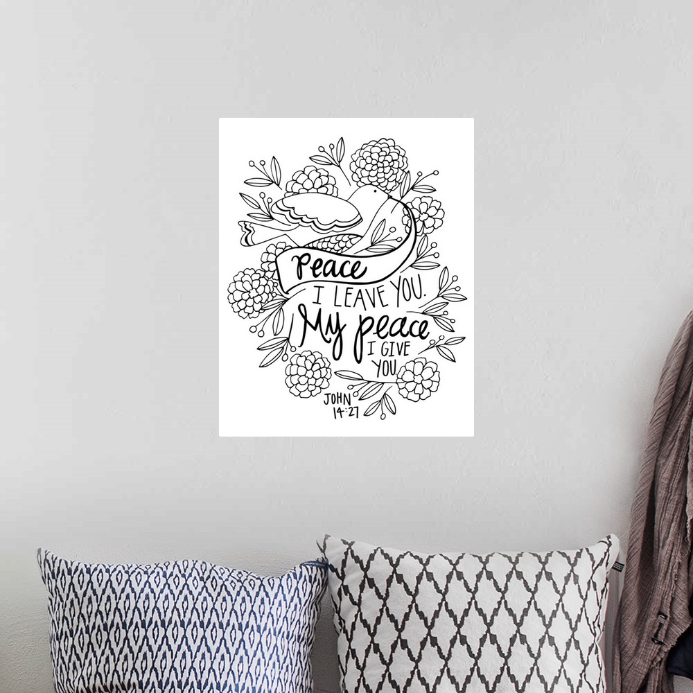 A bohemian room featuring A Bible passage that reads "Peace I leave you, my peace I give you," John 14:27.
