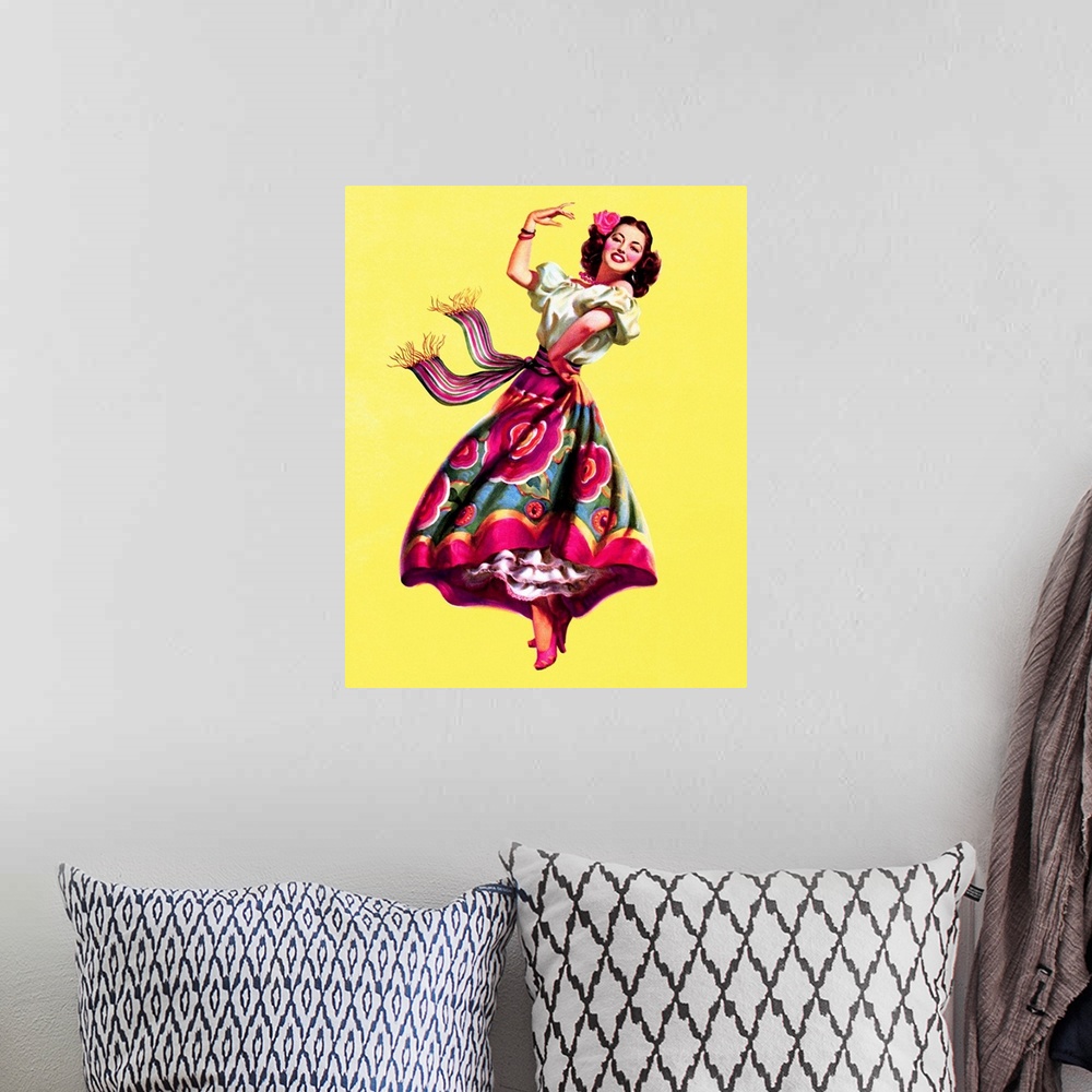 A bohemian room featuring Vintage 50's illustration of a young woman in a colorful dress dancing.