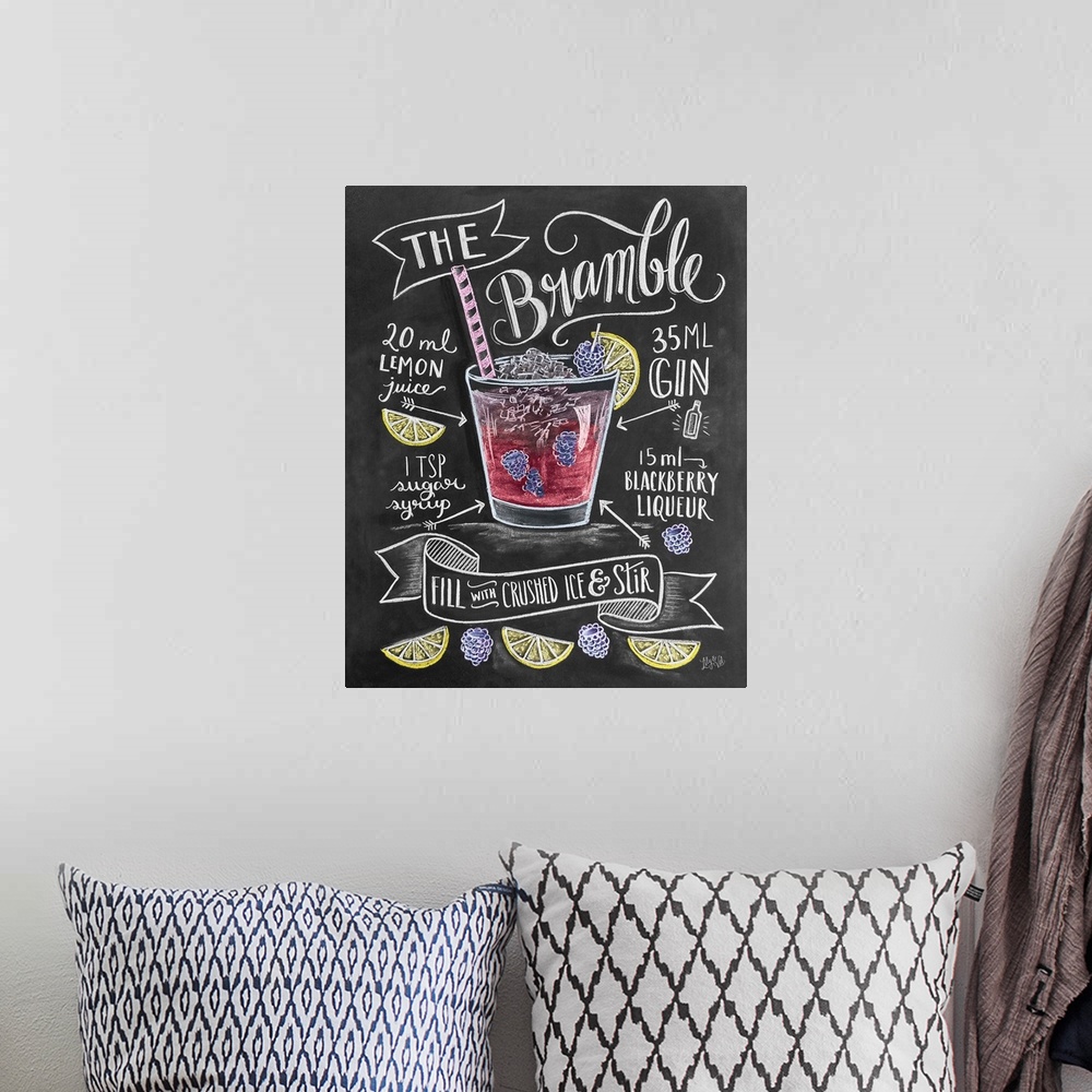 A bohemian room featuring Recipe for a mixed drink hand written and illustrated in chalk on a black background.