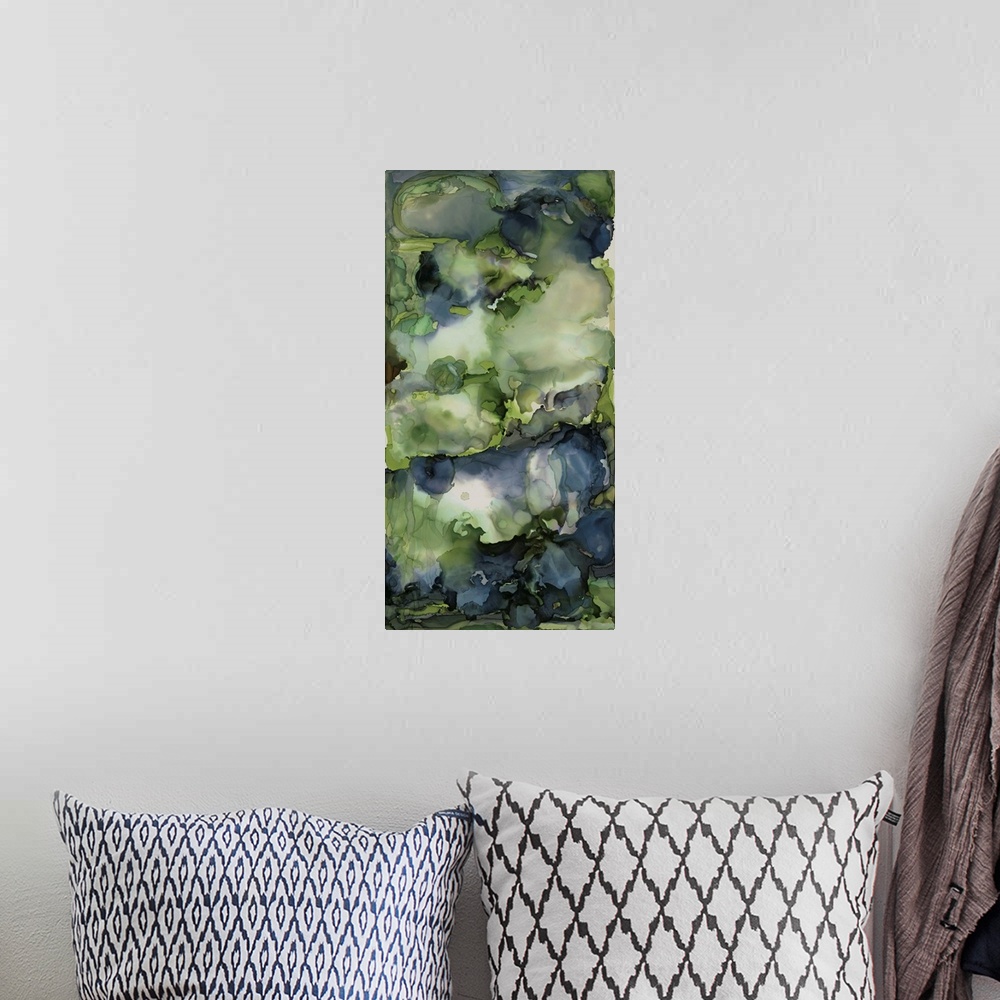 A bohemian room featuring Alchohol ink modern abstract painting in cerulean blue, green, gold, indigo