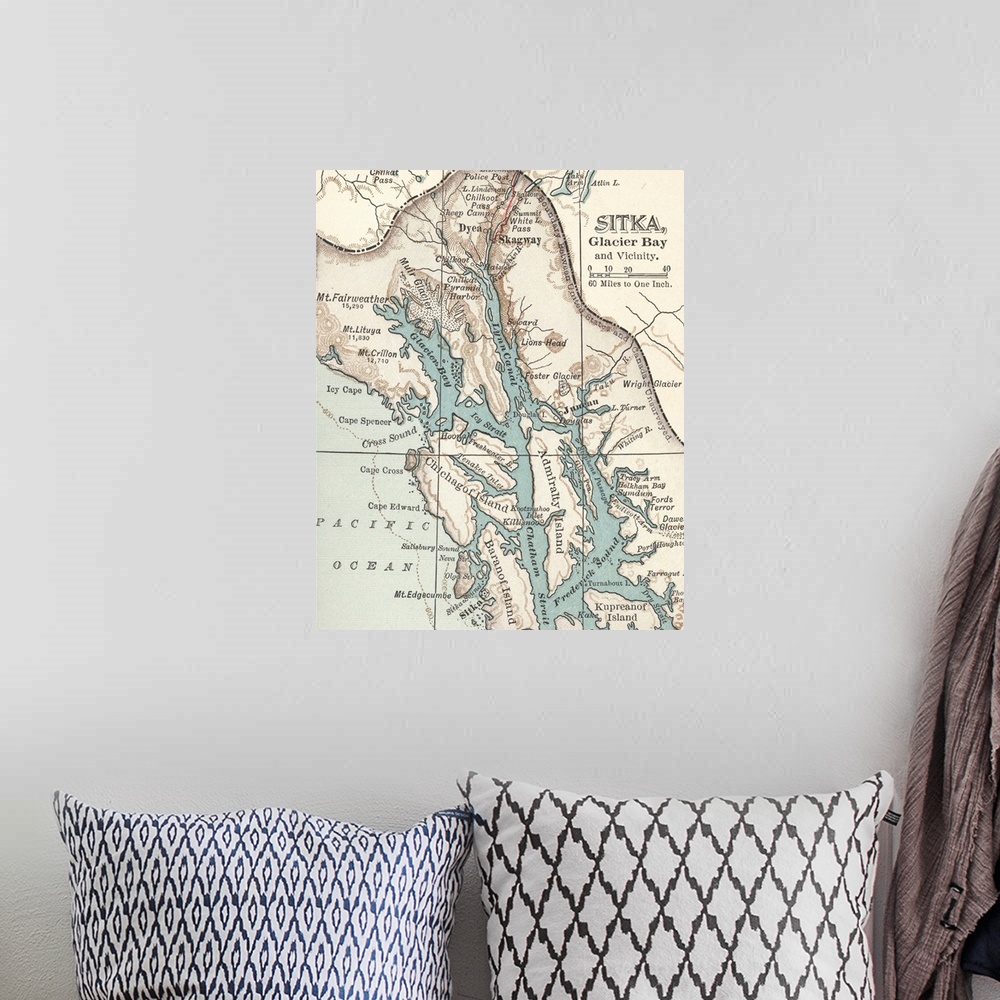 A bohemian room featuring Sitka, Glacier Bay, and Vicinity - Vintage Map