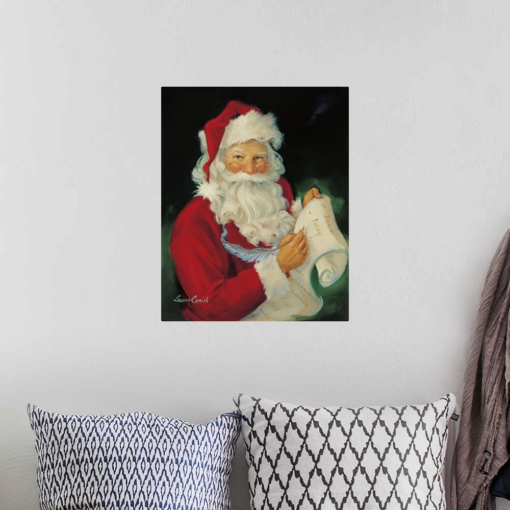 A bohemian room featuring Portrait of Santa Claus reading a list.