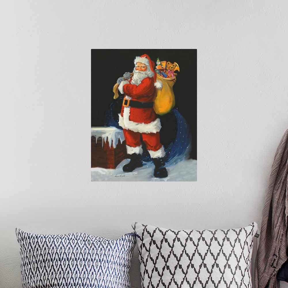 A bohemian room featuring Painting of Santa Claus holding a bag of toys.