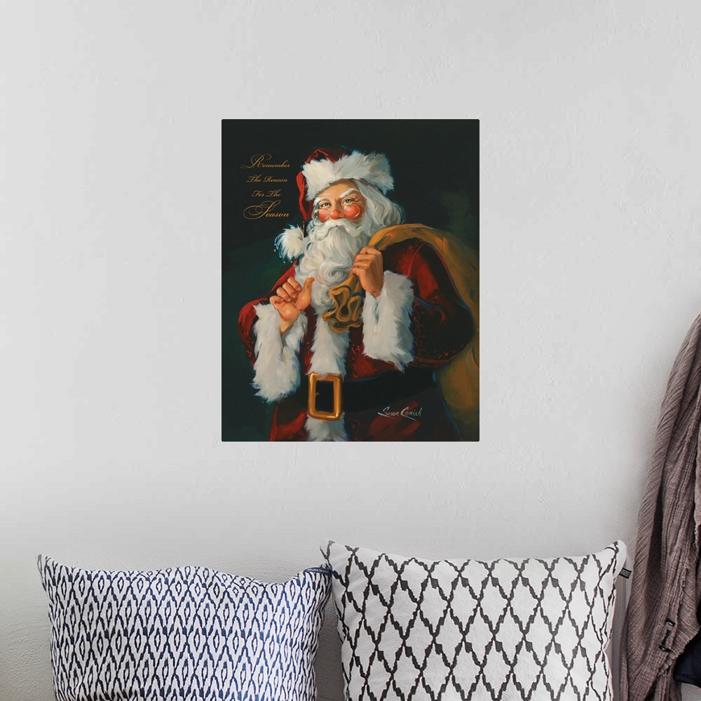 A bohemian room featuring Fine art painting of Santa Claus holding a bag.