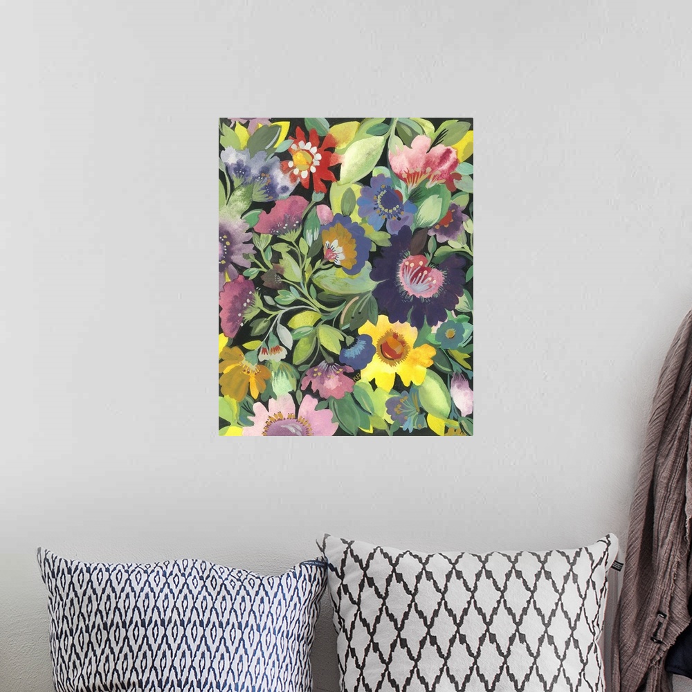 A bohemian room featuring Painting of color-colored flowers and green leaves against a black background.