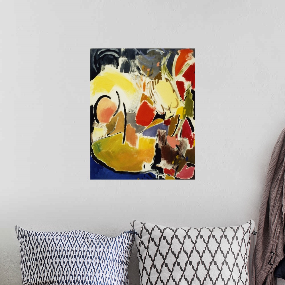 A bohemian room featuring An abstract painting of various rounded shapes outlined in white in warm, yellow, red and purple ...