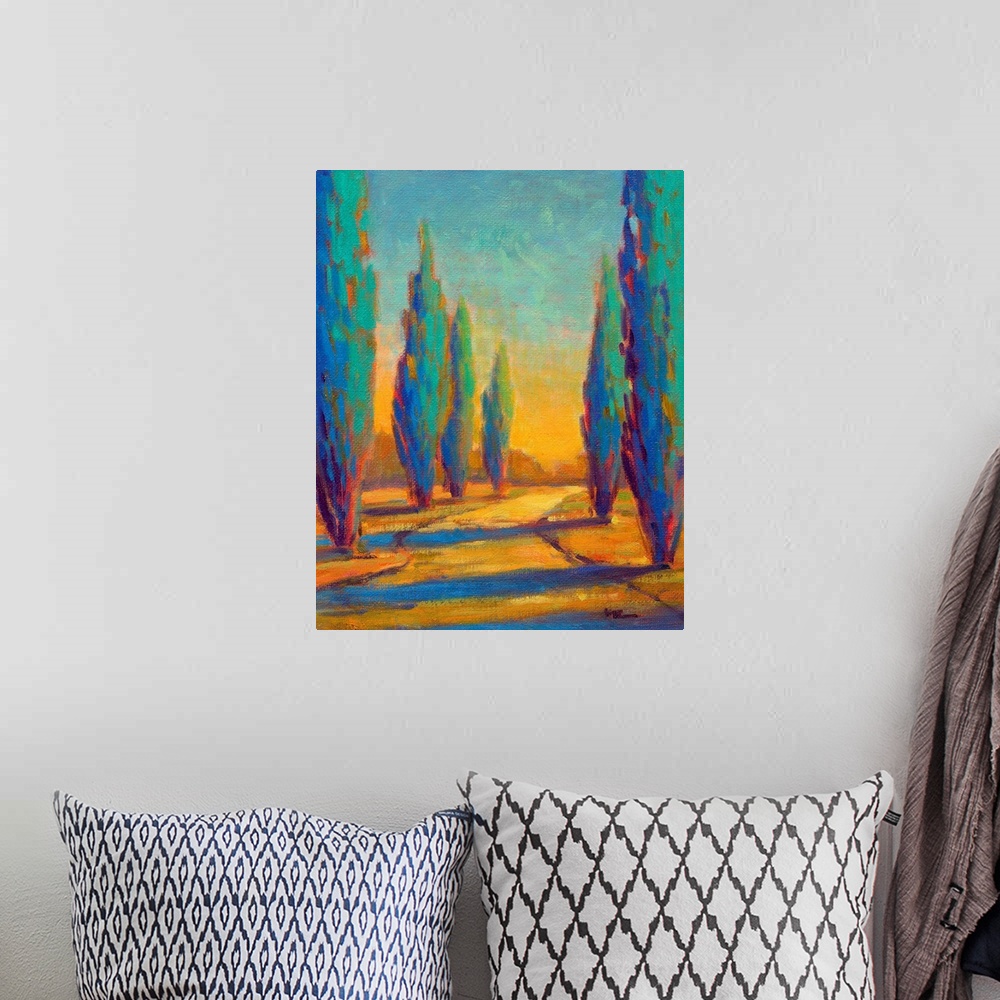 A bohemian room featuring A contemporary painting of a small country road framed by cypress trees in the afternoon.