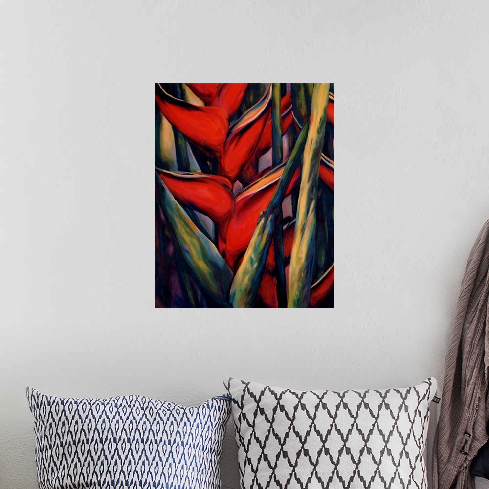 A bohemian room featuring A close up view of the vibrant red colors of the topical Heliconia plant.