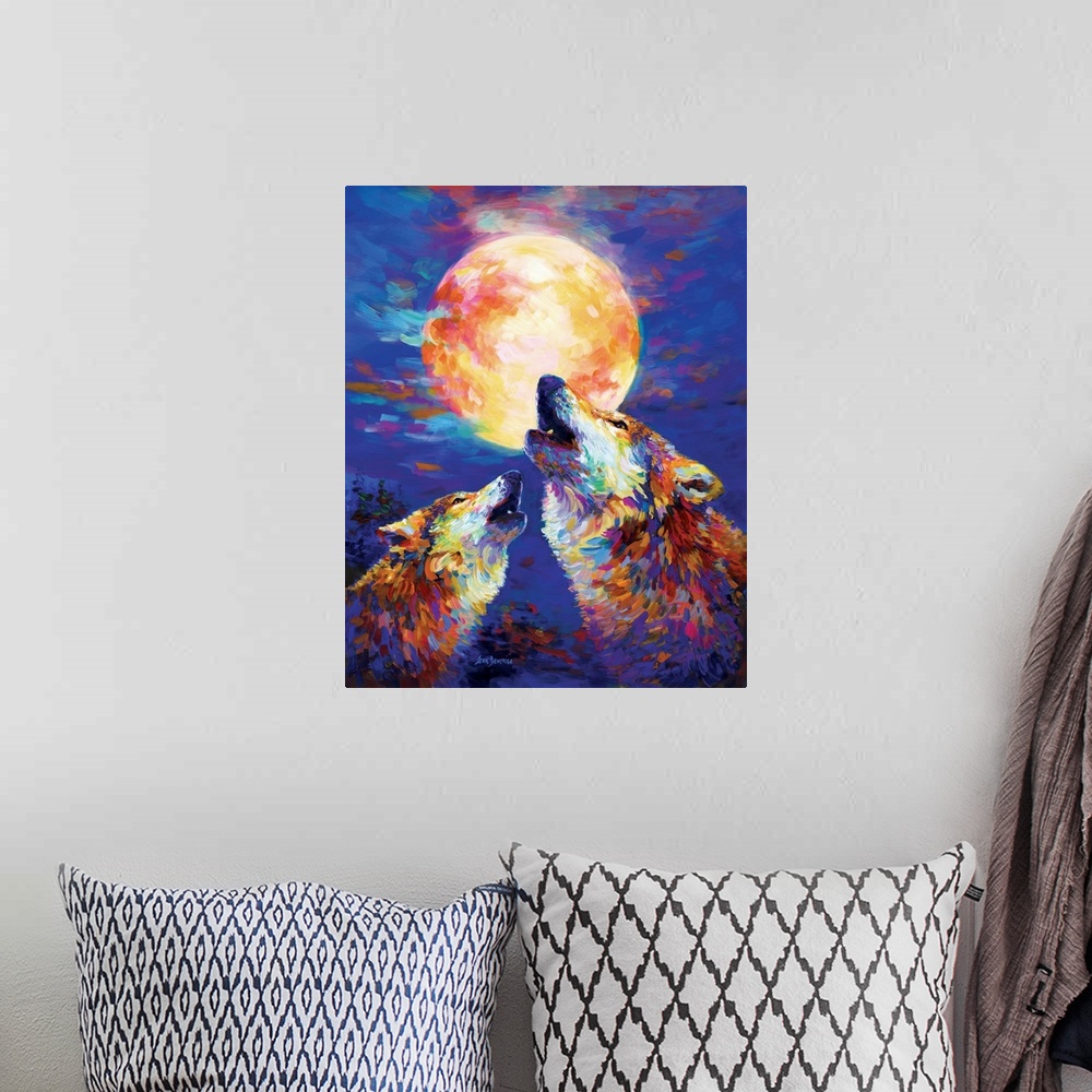 A bohemian room featuring Contemporary painting of two colorful wolves howling at the full moon at night.