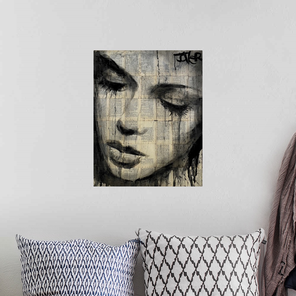 A bohemian room featuring Contemporary urban artwork using tiled book pages and heavy dark ink  to make a portrait of a wom...