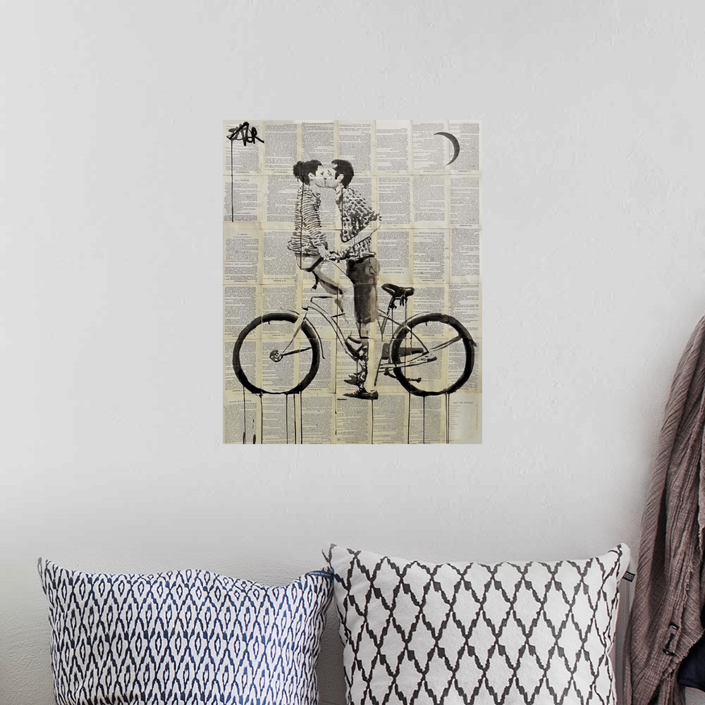 A bohemian room featuring Contemporary urban artwork of a man kissing a woman sitting on a bike against a background of til...