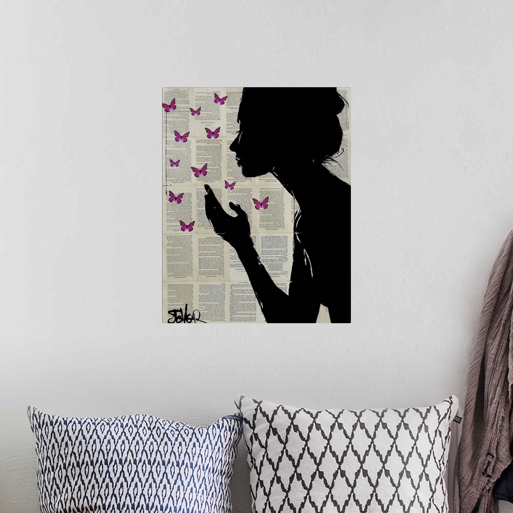 A bohemian room featuring Contemporary urban artwork of a silhouetted woman in profile with her hand near fluttering pink b...