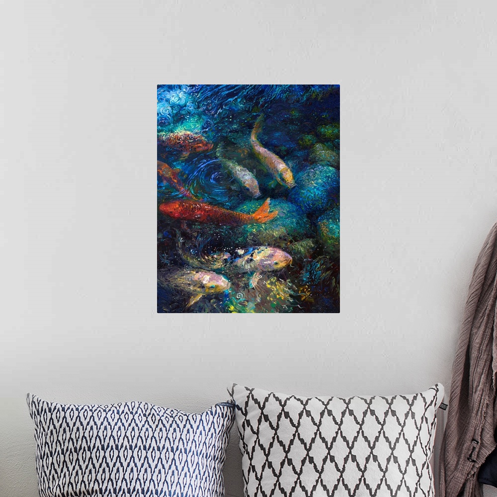 A bohemian room featuring Brightly colored contemporary artwork of a fish in water.