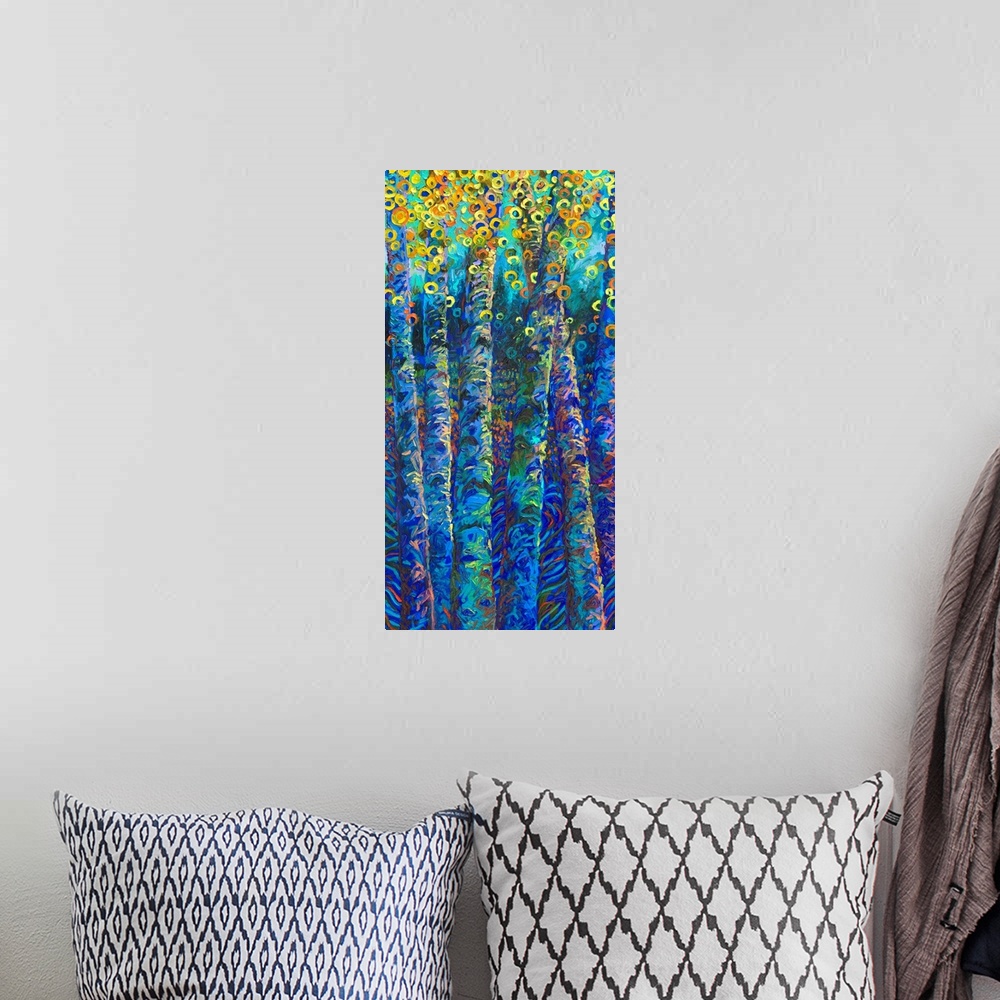 A bohemian room featuring Brightly colored contemporary artwork of colorful trees.