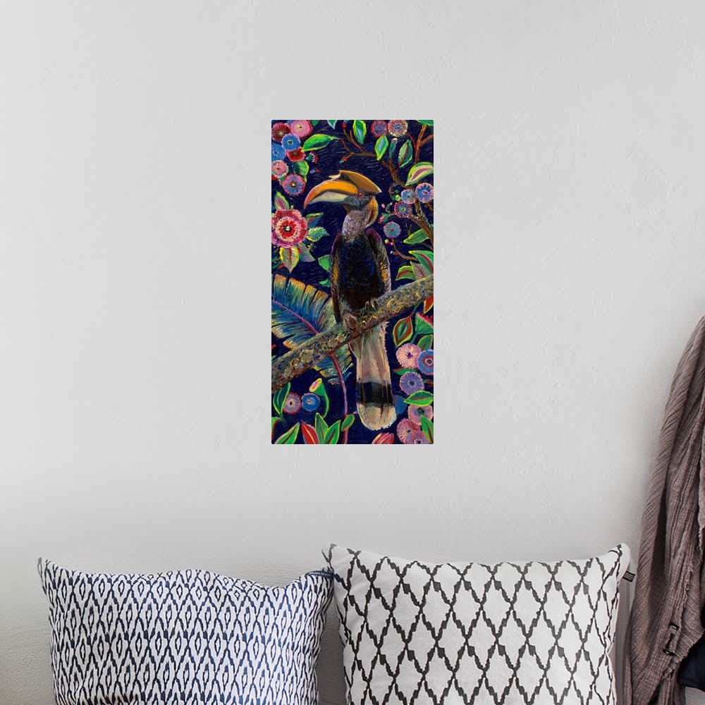 A bohemian room featuring Brightly colored contemporary artwork of a horned toucan in a tree.