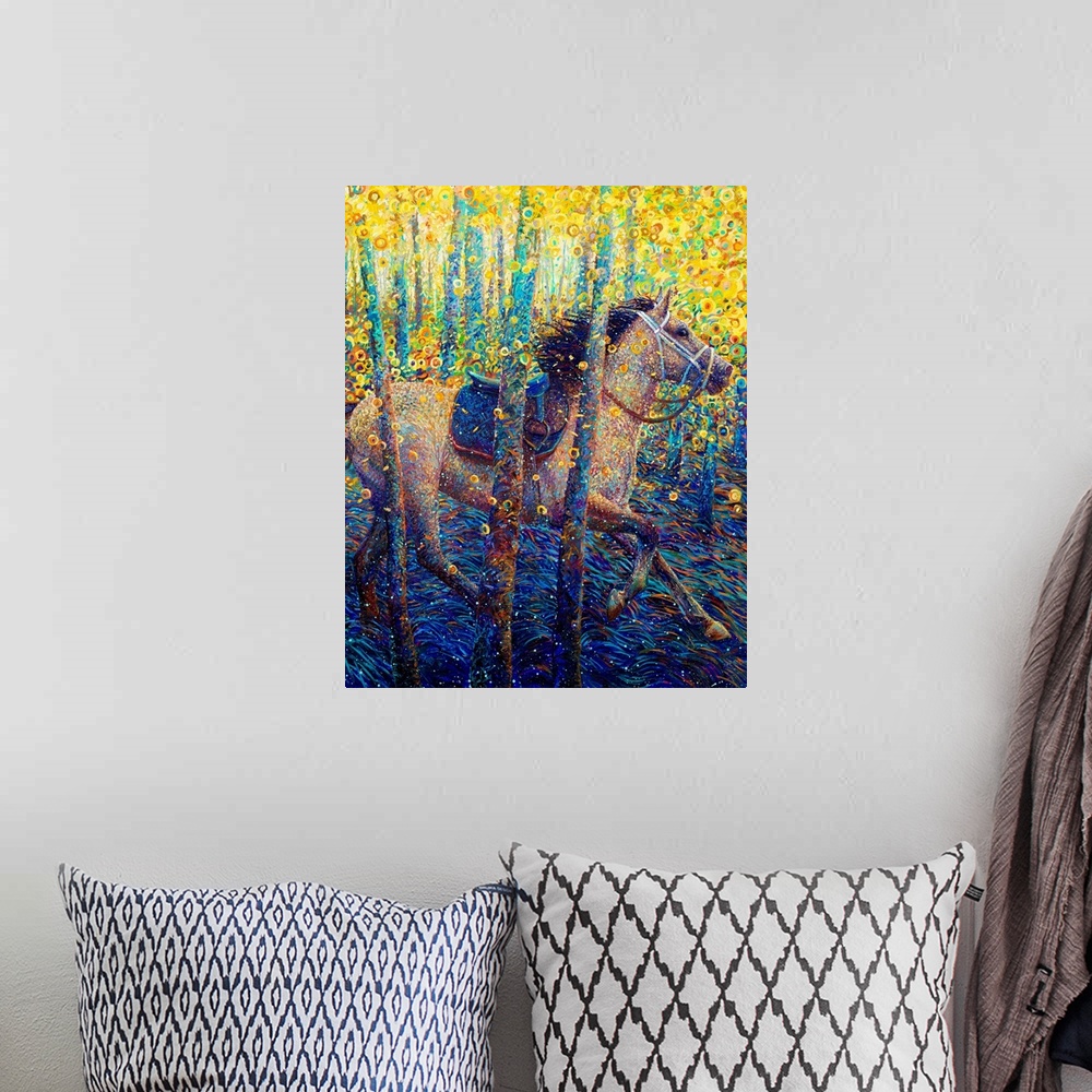 A bohemian room featuring Brightly colored contemporary artwork of a horse running through the woods.