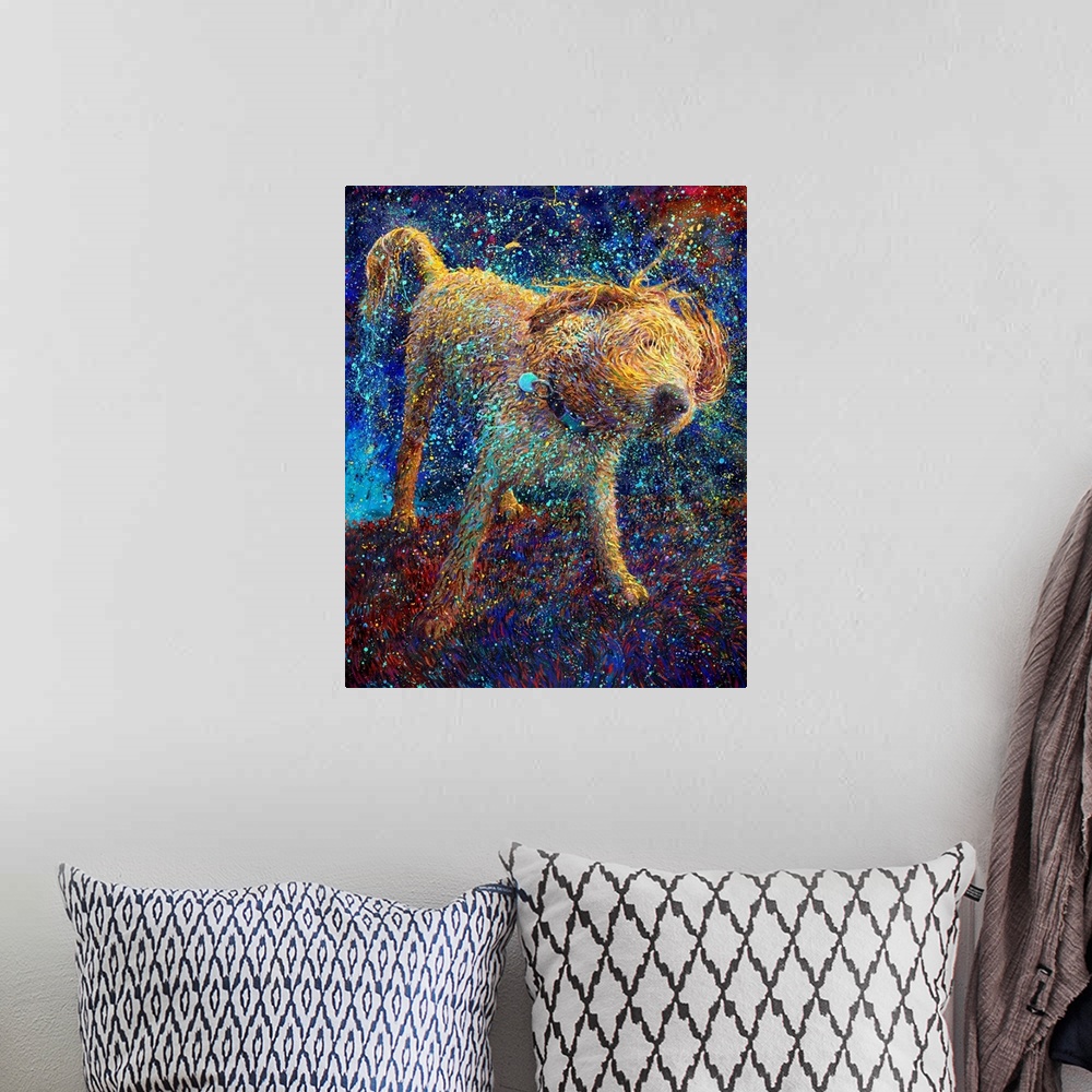 A bohemian room featuring Brightly colored contemporary artwork of a shaggy dog shaking off water.
