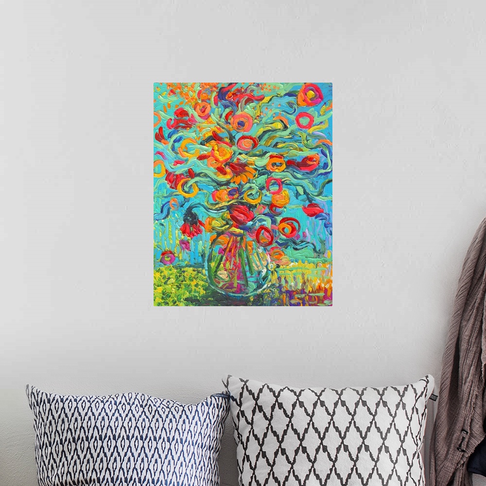 A bohemian room featuring Brightly colored contemporary artwork of a fingerpainting of red and orange flowers in a vase.