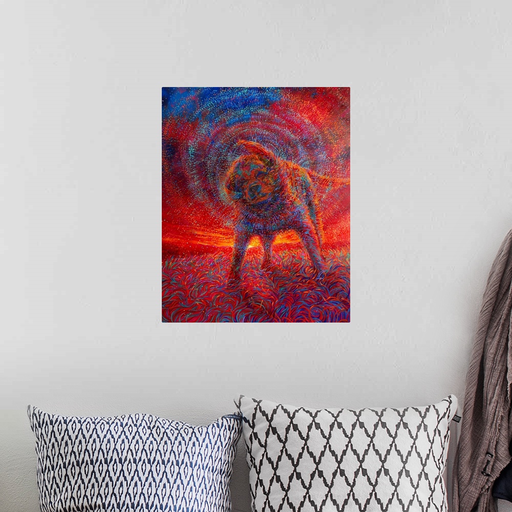 A bohemian room featuring Brightly colored contemporary artwork of a dog shaking off water in the sunset.
