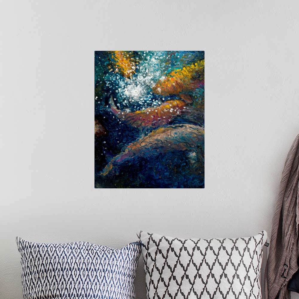 A bohemian room featuring Brightly colored contemporary artwork of a polyptych painting of fish in water.