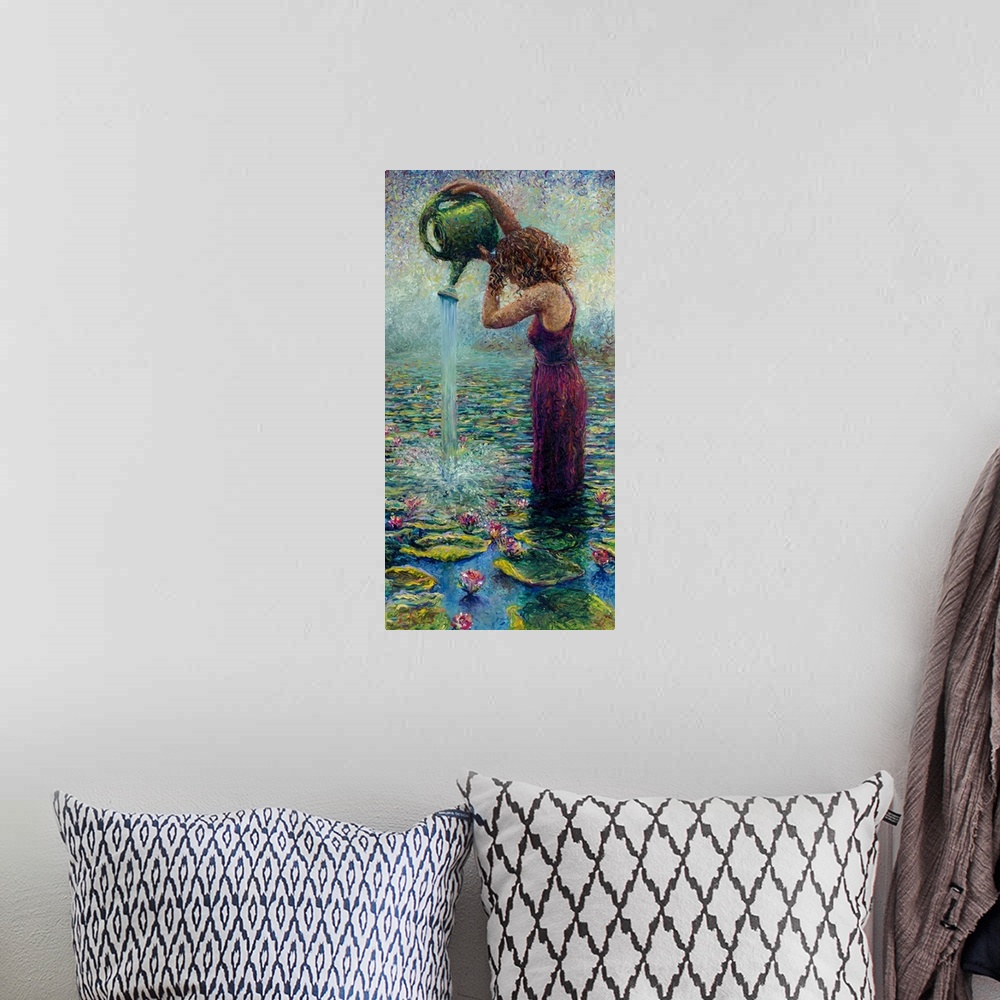 A bohemian room featuring Brightly colored contemporary artwork of a woman watering water lilies.