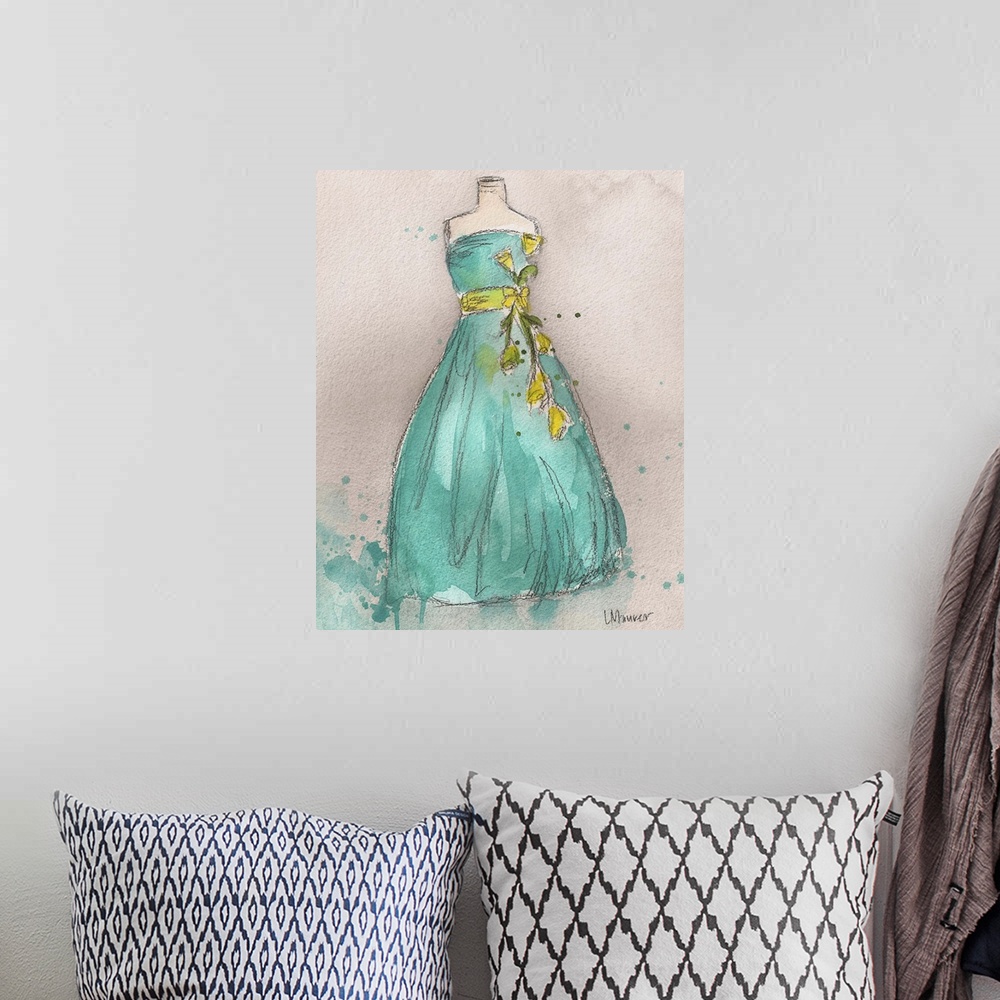 A bohemian room featuring Watercolor painting of a turquoise dress on a dress form.