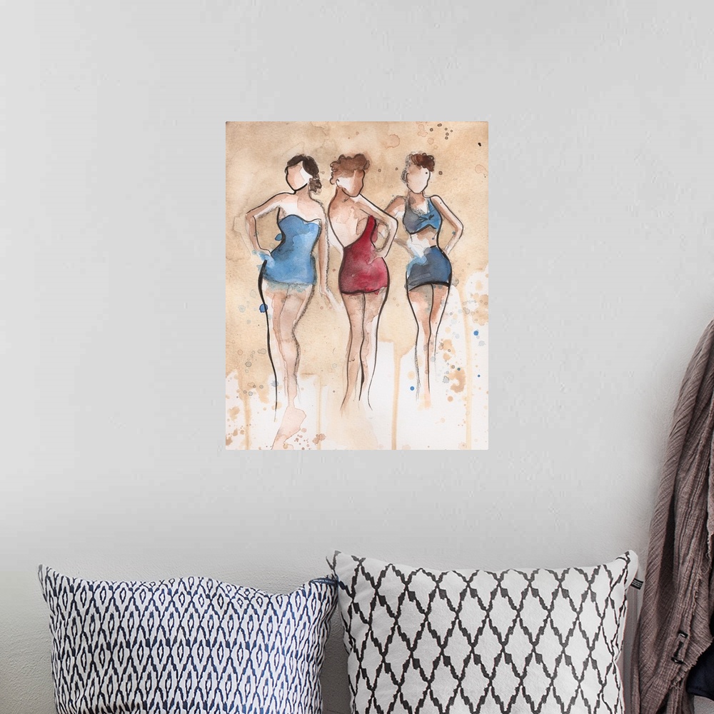 A bohemian room featuring Watercolor painting of three women wearing bathing suits.