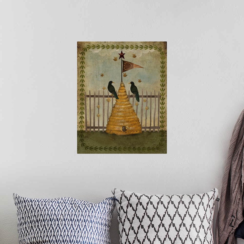 A bohemian room featuring Illustration of a beehive with two birds near a fence.