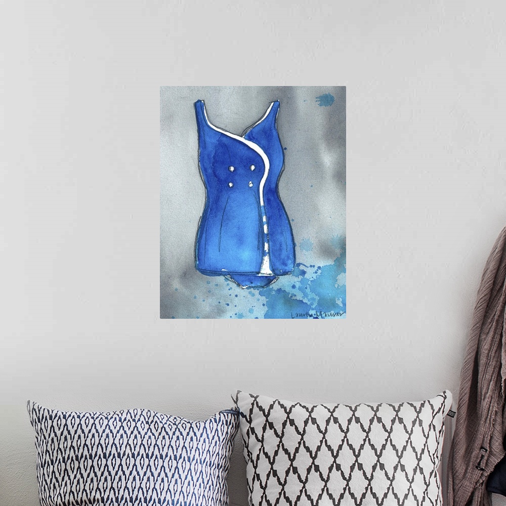 A bohemian room featuring Watercolor painting of a blue one piece bathing suit.