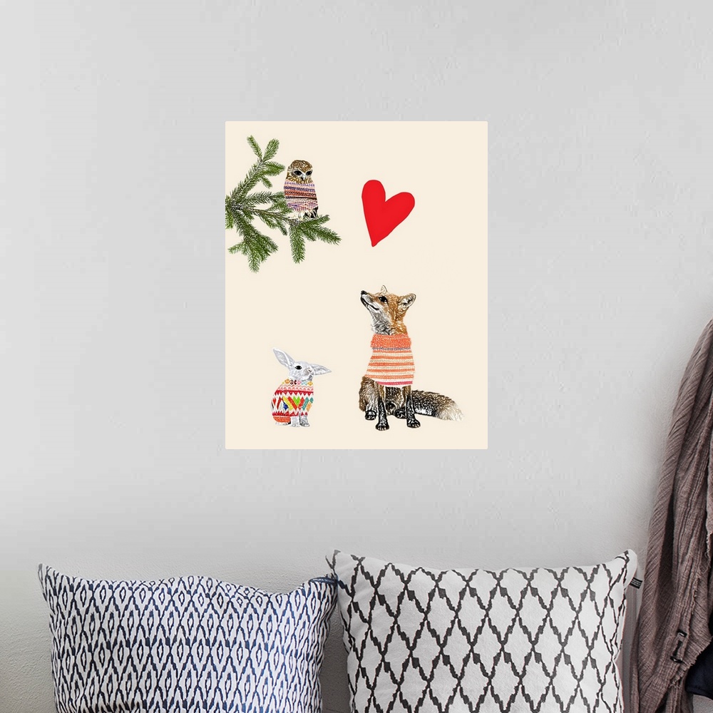 A bohemian room featuring Illustration of a fox, rabbit and owl wearing sweaters, and a red heart above.