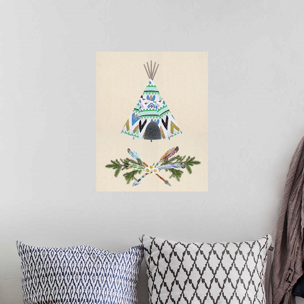 A bohemian room featuring Illustration of a colorful tepee in blue shades on a linen background.